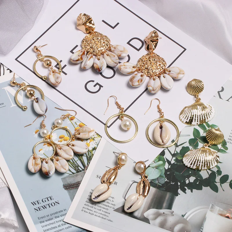 Женские серьги подвески в виде ракушек золотистого цвета|Серьги-подвески| |