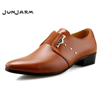 junjarm men formal shoes mens slip on pu leather shoes brown black elastic band men dress shoes office party wedding shoes
