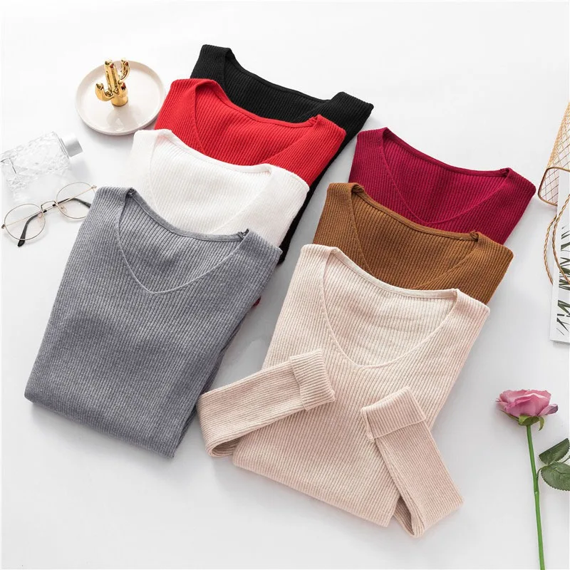 

Autumn Winter Sweater Women Knitted Sweater Pullovers Long Sleeve Tops V-neck Basic Shirt