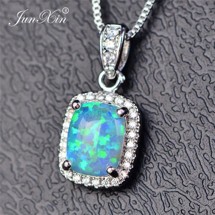 Green Opal JUNXIN женские роскошные белые/фиолетовые ожерелья и подвески модные синие огненные опаловые ожерелья для женщин винтажные Свадебные украшения - Окраска металла: Green Opal