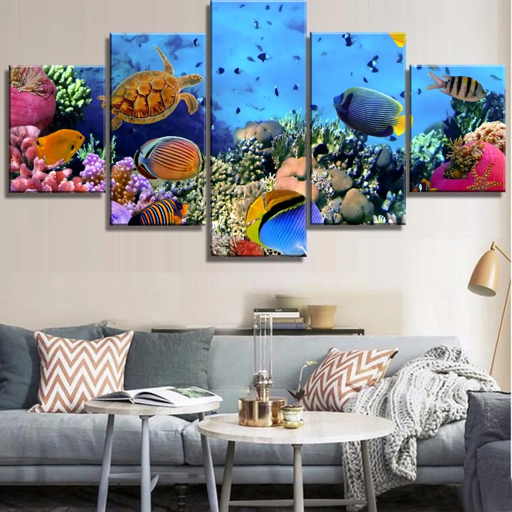 5 Piece HD Print Large Underwater Sea Fish Coral Reefs Paintings on Canvas Wall Art for Home Decorations Decor Picture | Дом и сад