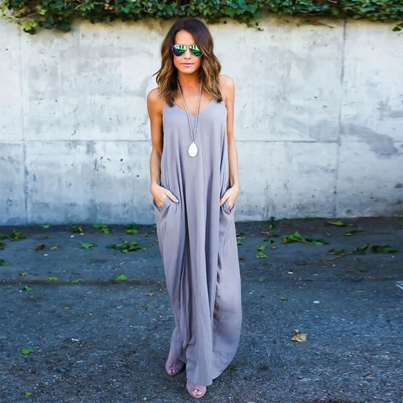 Сексуальное Свободное длинное летнее платье с v-образным вырезом без рукавов