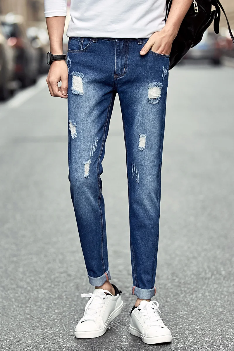 Мужская версия Корейской моды тонкий ноги сломанные отверстия джинсы мужские