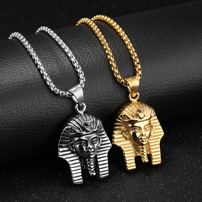 

Hip Hop Rock Gold Silver Color Stainless Steel Egyptian Pharaoh Tutankhamun Pendant Necklace for Men Jewerly with 24" Chain
