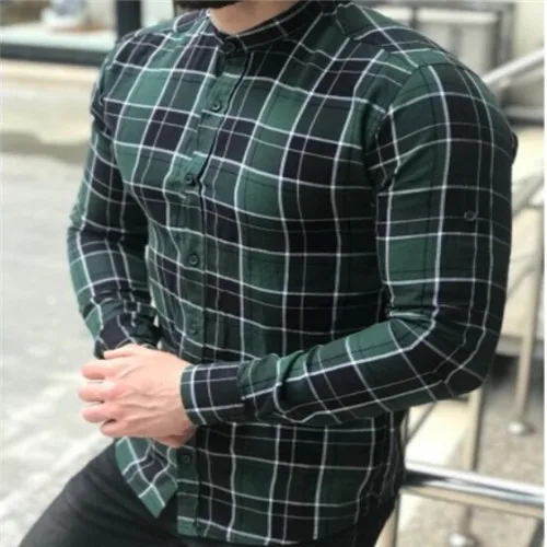 Зеленый Men's Shirts Checked Plaid Long Sleeve Slim Shirt V-Neck Formal Spring NEW Fashion Casual Men Tops Shirt - Цвет: Зеленый