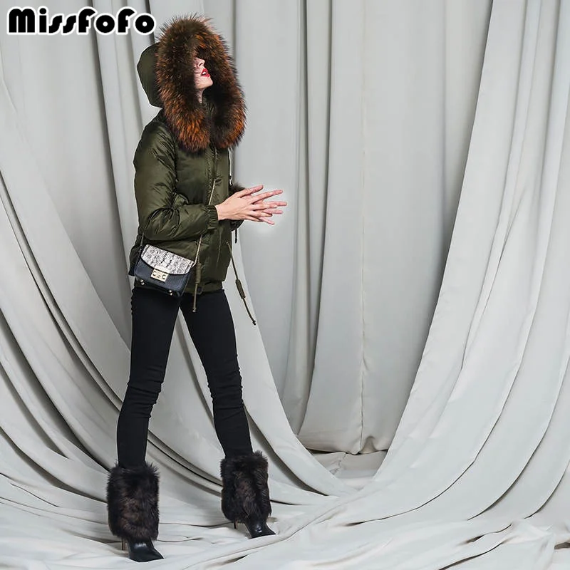 Бренд MissFoFo, новинка, женский пуховик, CLJ, модный, настоящий мех енотовидной собаки, капюшон, пуховик, 2XL, цвет, короткая парка, 90%, белая утка