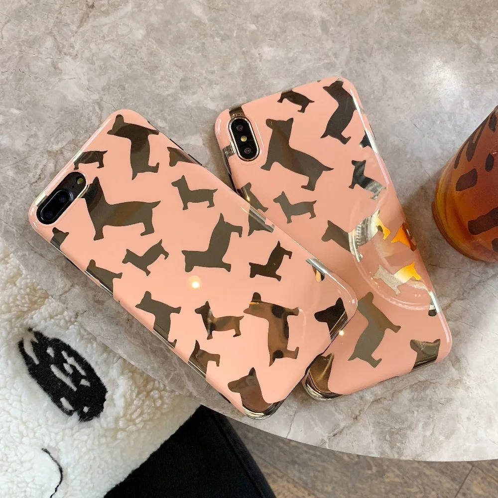 Fashion Gold Stamping Cartoon Lovely Dogs Soft IMD Phone Back Cover Cases For iPhone 6 6S 7 8 Plus X XS Max XR Pets Case |