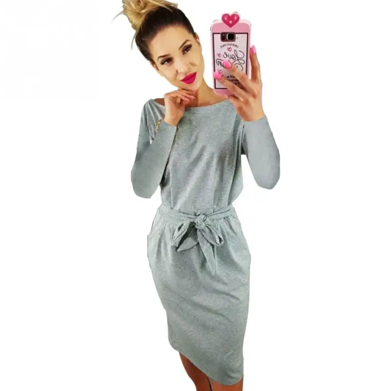 2018 осень Для женщин с длинным рукавом платье на шнуровке хлопок тонкий миди дамы