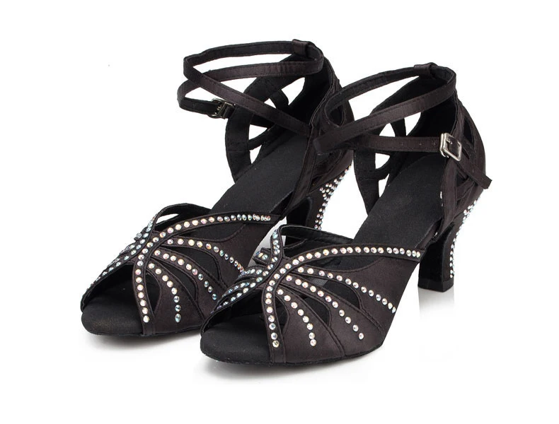 Женская обувь для латинских танцев DILEECHI черная сатиновая со стразами Обувь