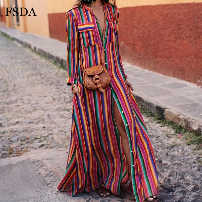 Женское платье рубашка FSDA винтажное длинное в полоску с длинным рукавом и