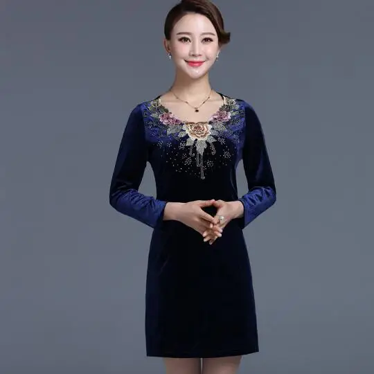 Ethnic 2020 Winter Female A-line Velvet Elegant Floral Retro Knee-length Middle Age Dresses Oversized Plus Size Women Dress JC42 | Женская