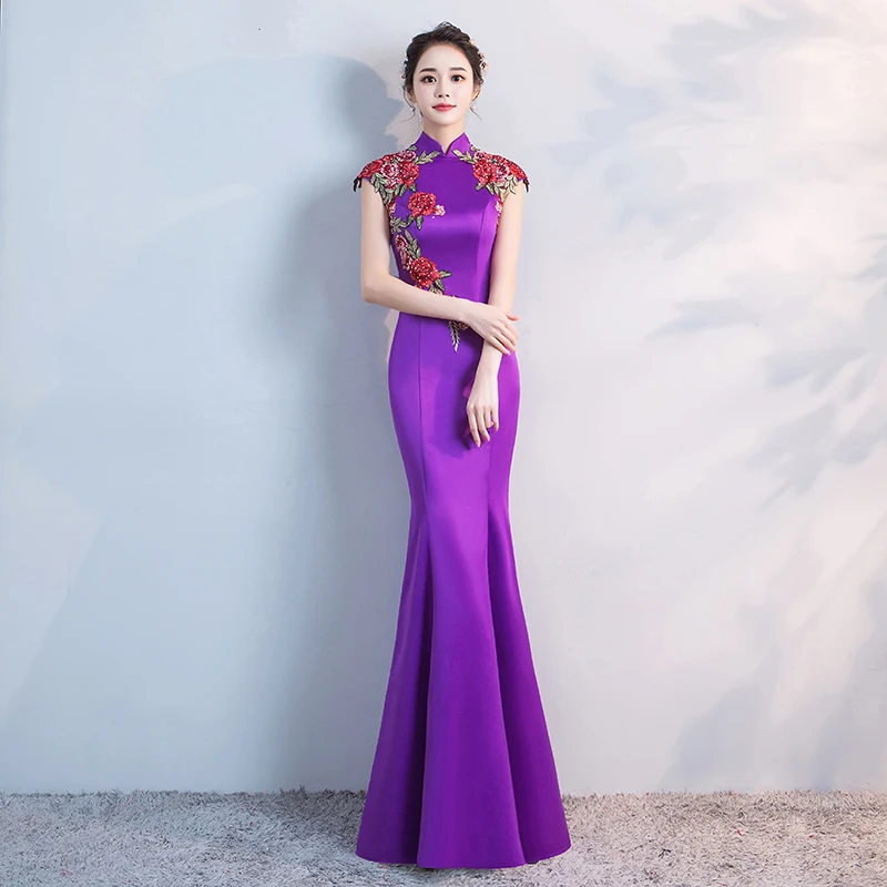 

Purple Chinese Wedding Long Cheongsam Retro Sexy Slim Party Evening Dress Marriage Gown Qipao Fashion Lady Vestido Flowers S-3XL