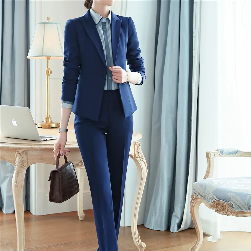 blue pant suits Женский деловой костюм, Офисная форма, деловые костюмы со штанами, Женский комплект из 2 предметов, пиджак, брюки, Осень-зима, большой 4XL XL - Цвет: blue pant suits