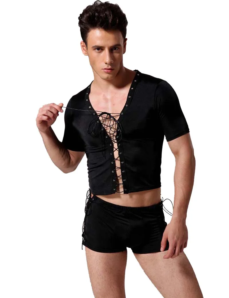 Превосходное Мужское нижнее белье черное боди на шнурках с коротким рукавом