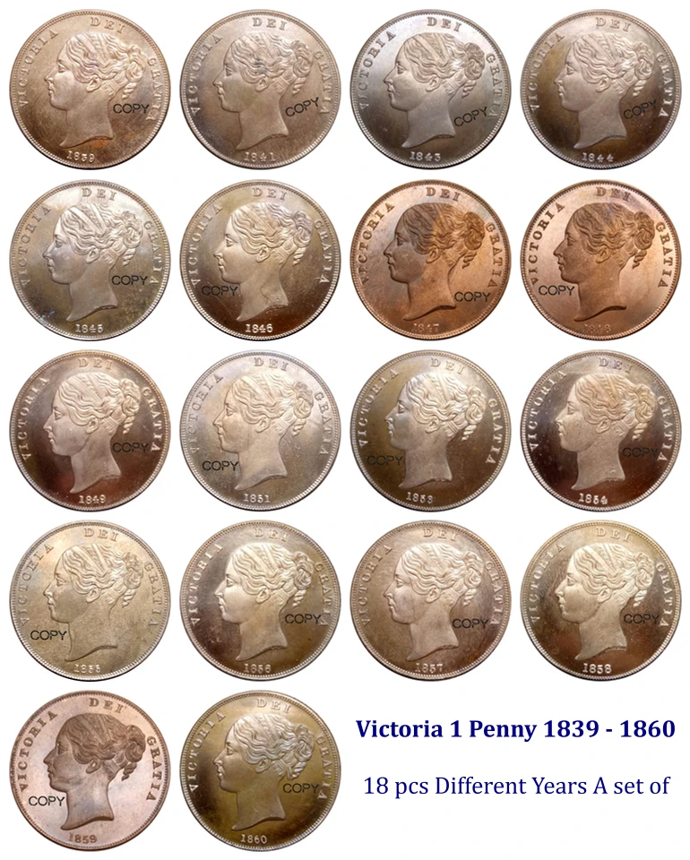 Великобритания Виктория 1 пенни 1839-1860 18 шт. разные годы набор Красной меди копия монеты