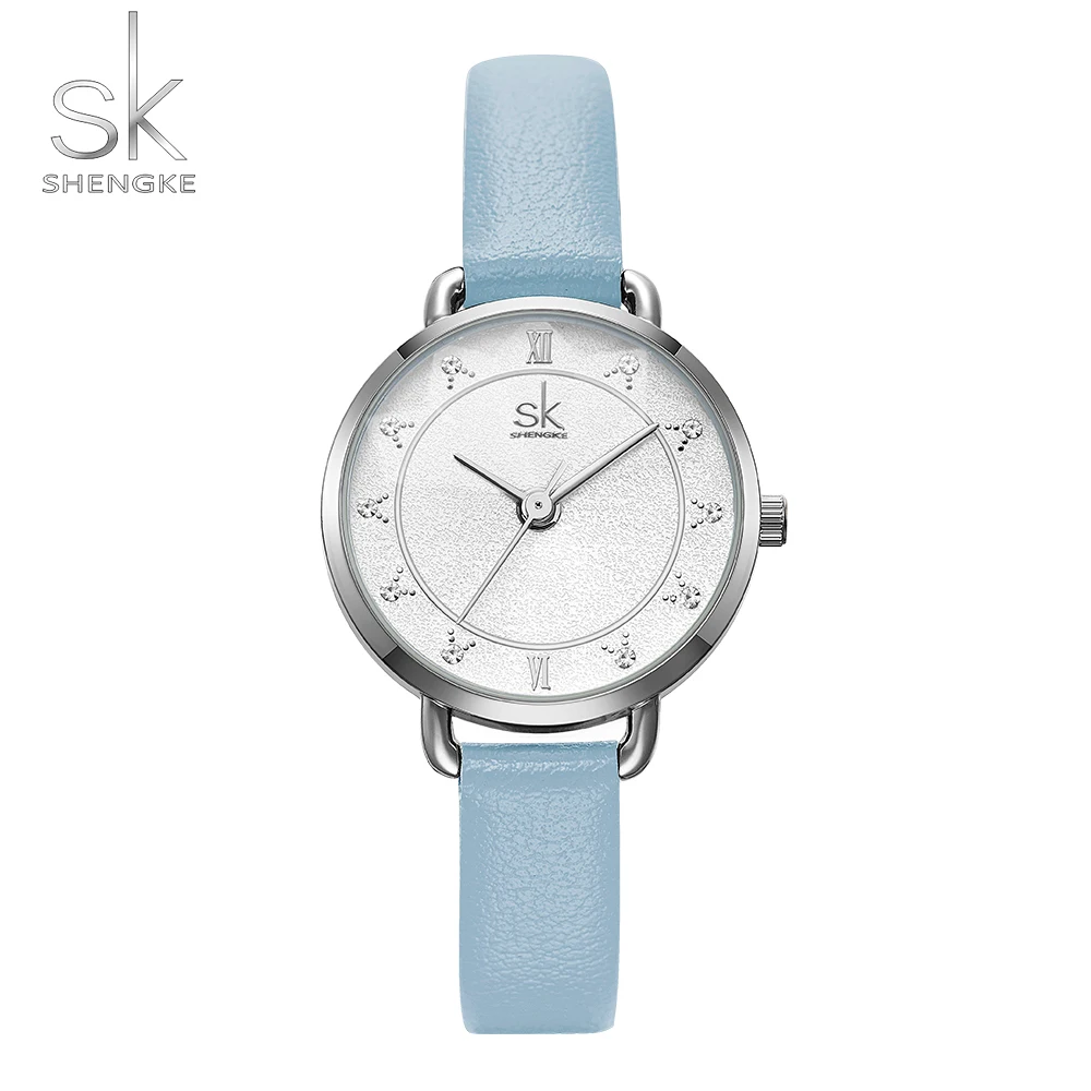 Silver Blue Креативные Женские повседневные часы, минимализм, розовое золото, SHENGKE, Женские кварцевые наручные часы, черная кожа, звездное небо, часы для женщин - Цвет: Silver Blue