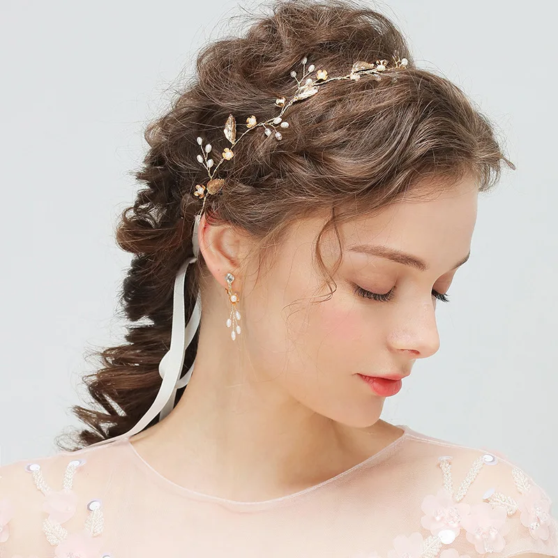

Bridal Pearl Hairband Earring Jewelry 2 pcs Romantic Elegent Handmade Wedding Banquet Ladies Hair Accessories Bridal Headdress