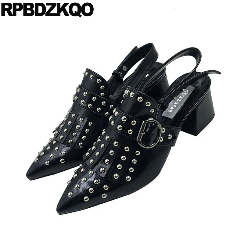 Rivet Size 4 34 Punk Block Heels Slingback Black Thick Sandals Women Summer Designer Brand Medium Shoes Stud Pointed Toe