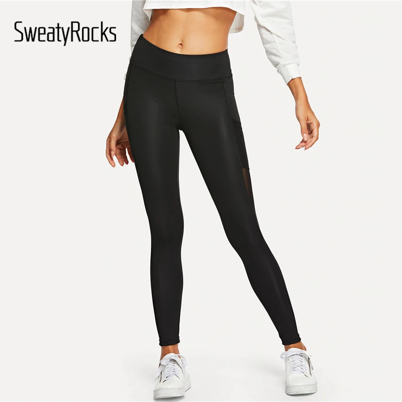 SweatyRocks сетки Панель узкие Фитнес черные леггинсы activewear с карманом сбоку Высокая Талия Леггинсы весенние пикантные Для женщин леггинсы