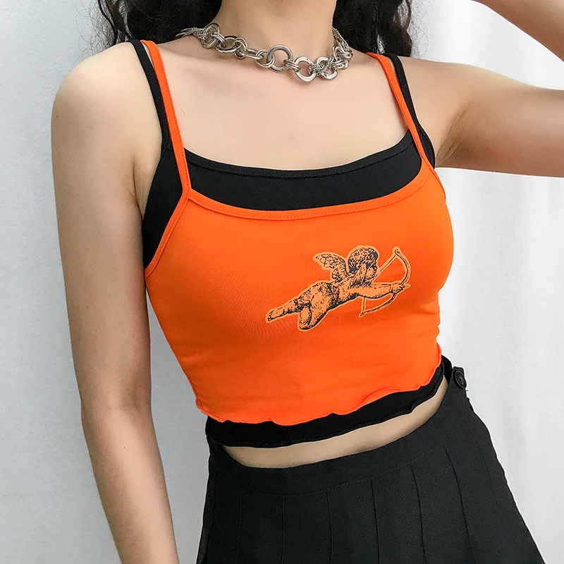 Weekeep Обрезанные Лоскутные Cami для женщин с принтом ангела Bodycon Короткий Летний Топ уличная без рукавов кроп Топы
