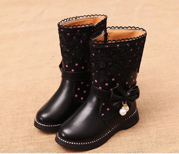 

2018 Autumn Winter Girls Boots Children Leather Shoes Fashion Girls Princess boots thickening Girl Red bow Snow boots EUR21-36