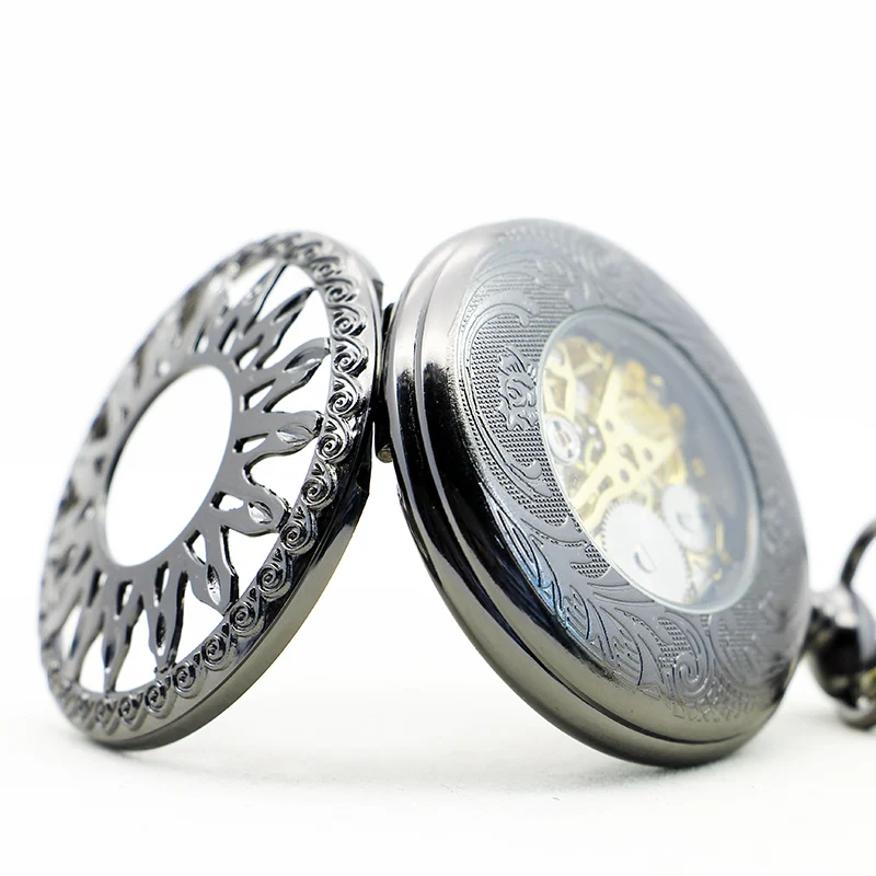 Exquisite Sunflower Sun Skull Mechanical Pocket Watch Vintage Steampunk Manual Chain Necklace Pendant Accessory Clock Gift
