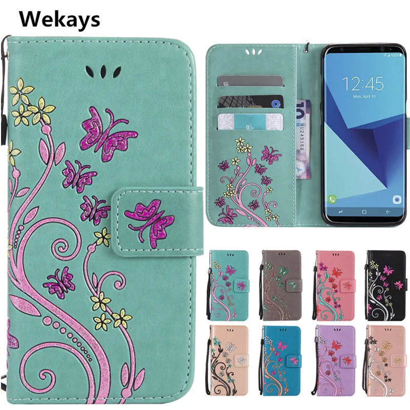 Роскошный кожаный флип чехол с объемным цветком и бабочкой для Samsung Galaxy S3 S4 S5 Mini S6