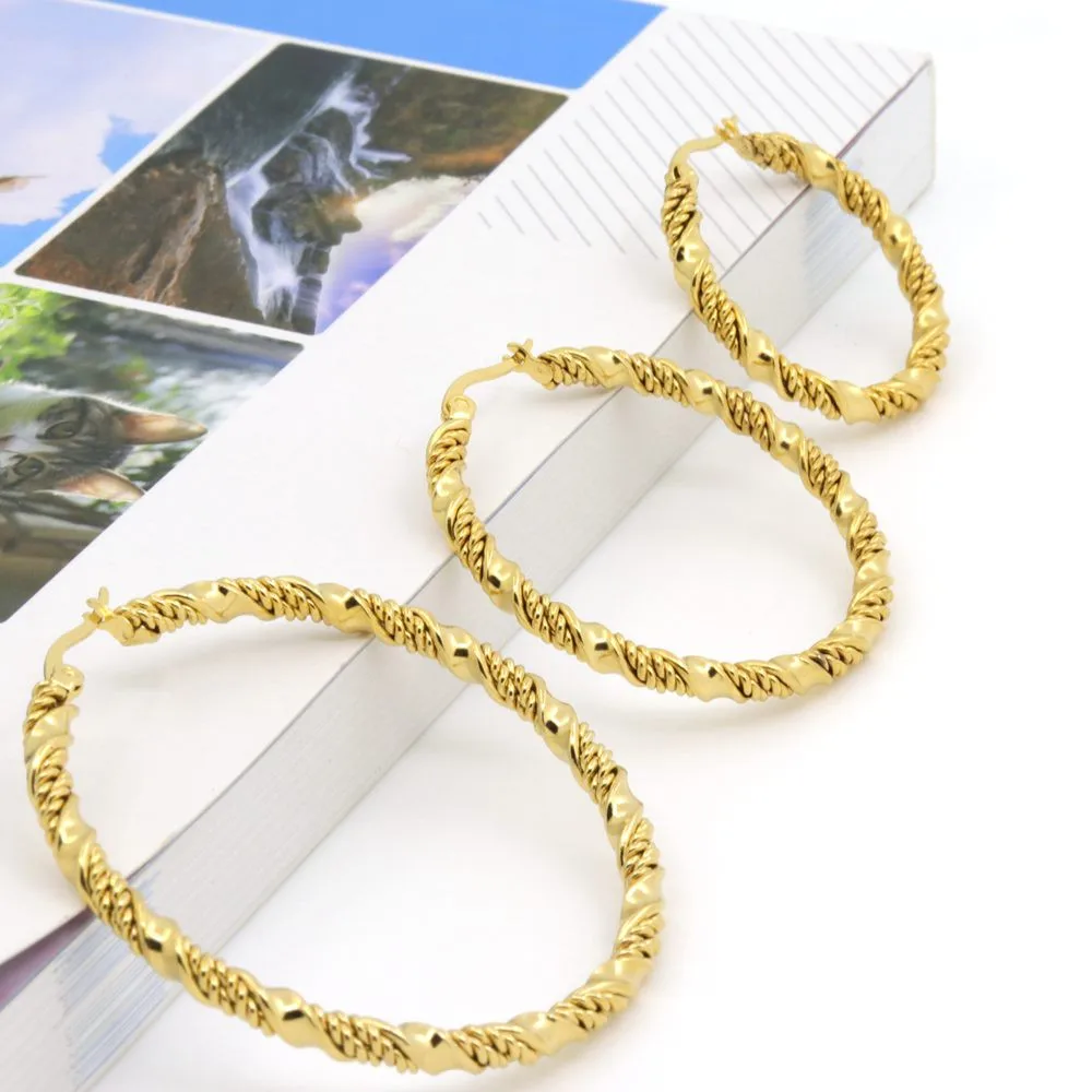 Женские серьги кольца с двойным кабелем золотистые 3 размера|fashion hoop earrings|hoop