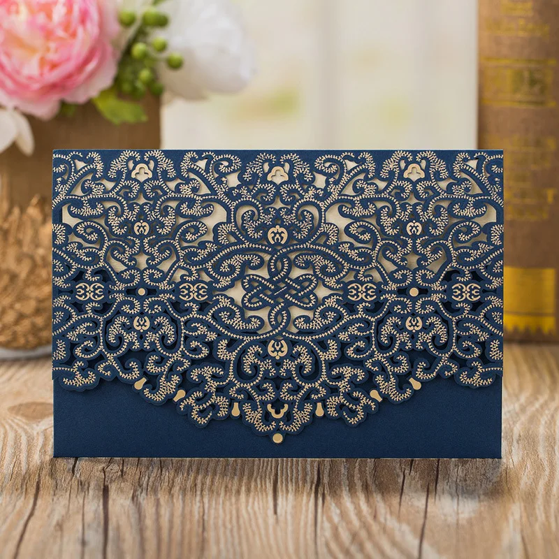 

50pcs Laser Cut Luxury Flora Wedding Invitations Card with Envelopes Red Blue Elegant Lace Favor Customize Print Party Supplies