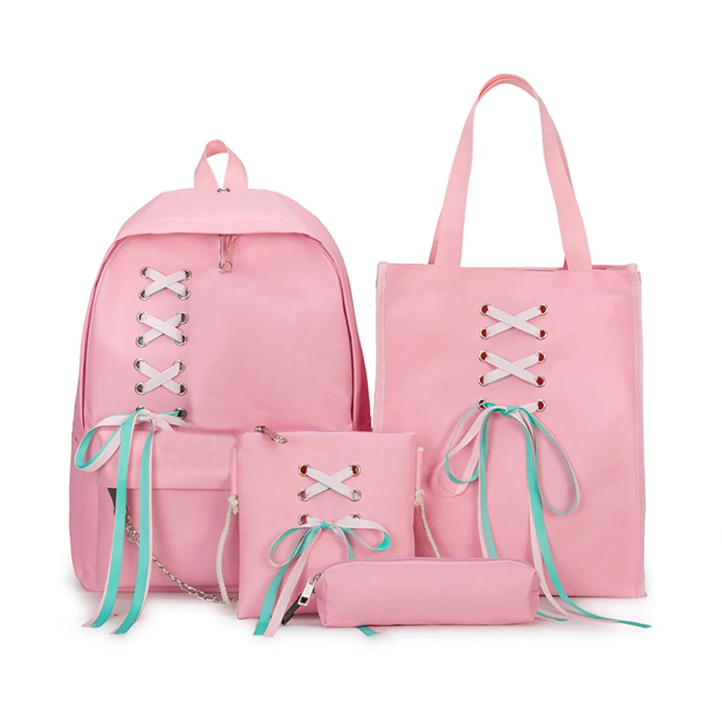 Розовый Женский рюкзак kawaii, школьные сумки, однотонные, с большим бантом, женская, Студенческая, с бантом, холщовая сумка, рюкзак для девочек, дорожная сумка, mochila mujer bolsos - Цвет: Розовый