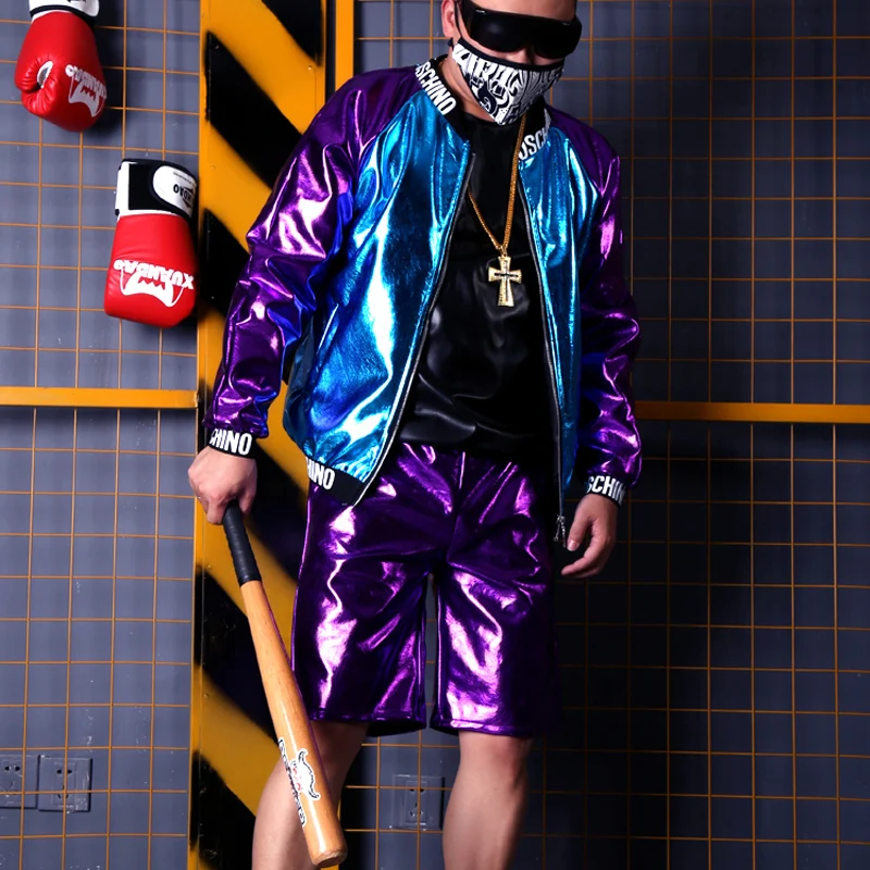 

M-6XL! Purple and blue stage suit PU jacket shorts hairdressers nightclub bar singer DJDS costumes.