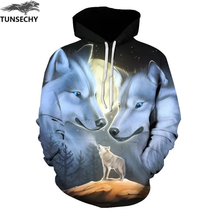 Модные мужские толстовки TUNSECHY с капюшоном и 3D принтом волка мужские/женские