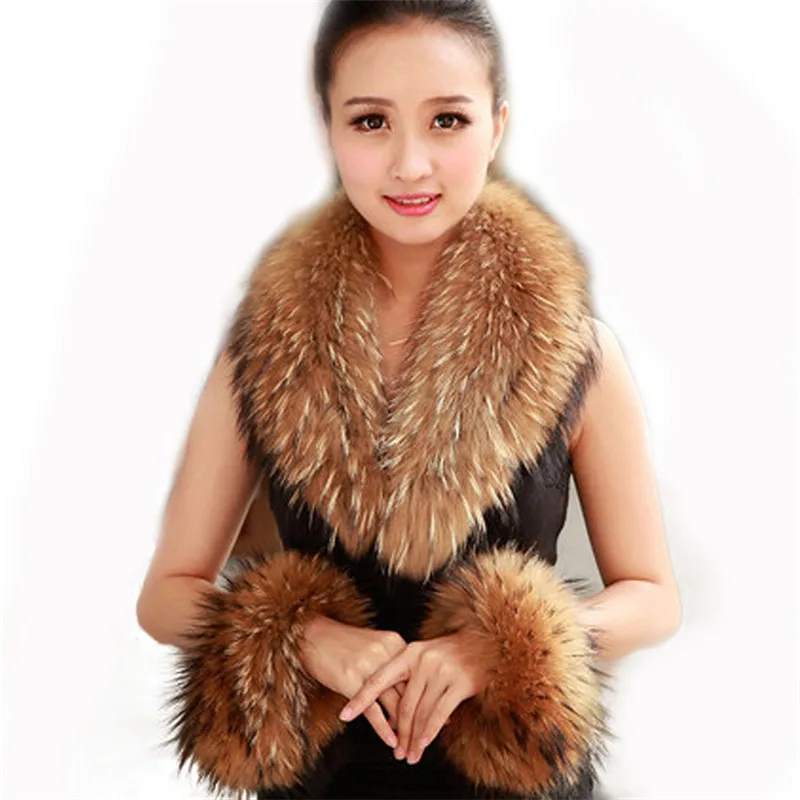Fur collar and cuffs Лидер продаж настоящий меховой шарф меховой воротник Для женщин зимнее пальто меховой Шарфы шарф+ манжеты роскошный мех енота Зима теплая шеи гетры - Цвет: Fur collar and cuffs