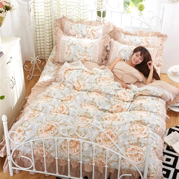 style3 Роскошное белое кружевное постельное белье принцессы, набор пододеяльников, набор из 4 предметов, розовый цветок, оборки, полный размер, покрывало, простыня, постельное белье - Цвет: style3