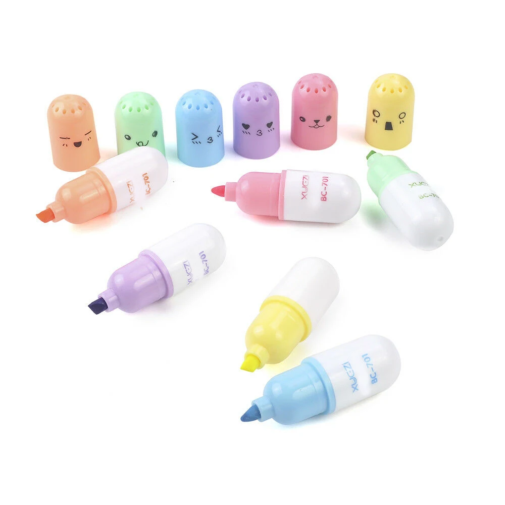 

6-Pcs/Set Mini Smiling Face Pill Highlighter Lovely Cartoon Painting Pen Marking Pens Students Learn Stationery Supplies