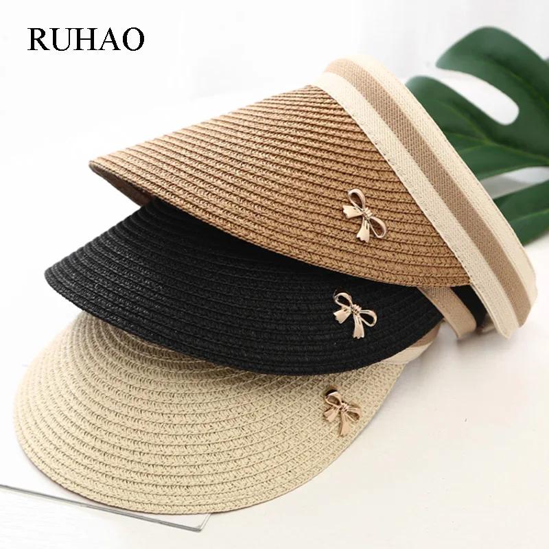

MAERSHEI 2019 New Woman's Sun Hats Female Bowknot Visor Caps Hand Made DIY Straw Summer Cap Casual Shade Hat Empty Top Hat Beach