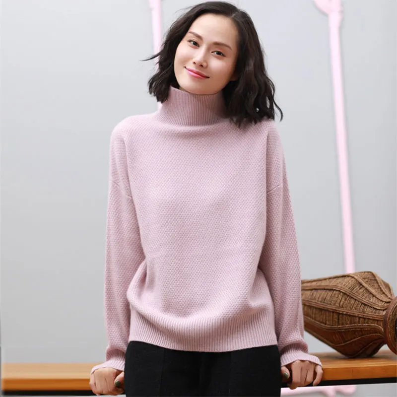 Женский свитер-пуловер с высоким воротником 100% чистый кашемир длинными рукавами