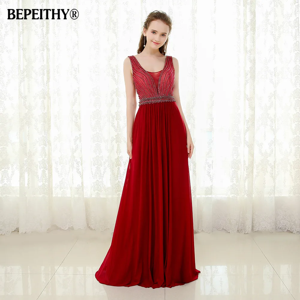 BEPEITHY Vestido Longo Красное длинное вечернее платье с бисером Топ сексуальное без