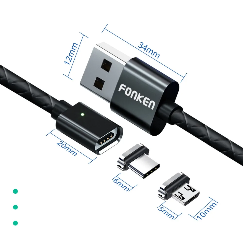Магнитный кабель FONKEN USB C Micro быстрая зарядка для iphone 3A 2 м быстрое зарядное