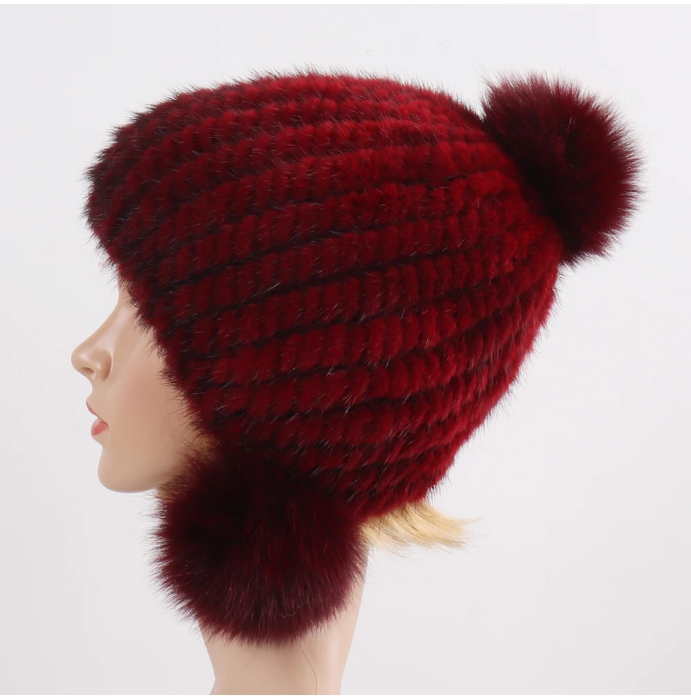 Модная женская шапка из натурального меха норки, натуральные шапочки с мехом норки, меховые шапки, модная Женская эластичная шляпа, зимние помпоны из лисьего меха