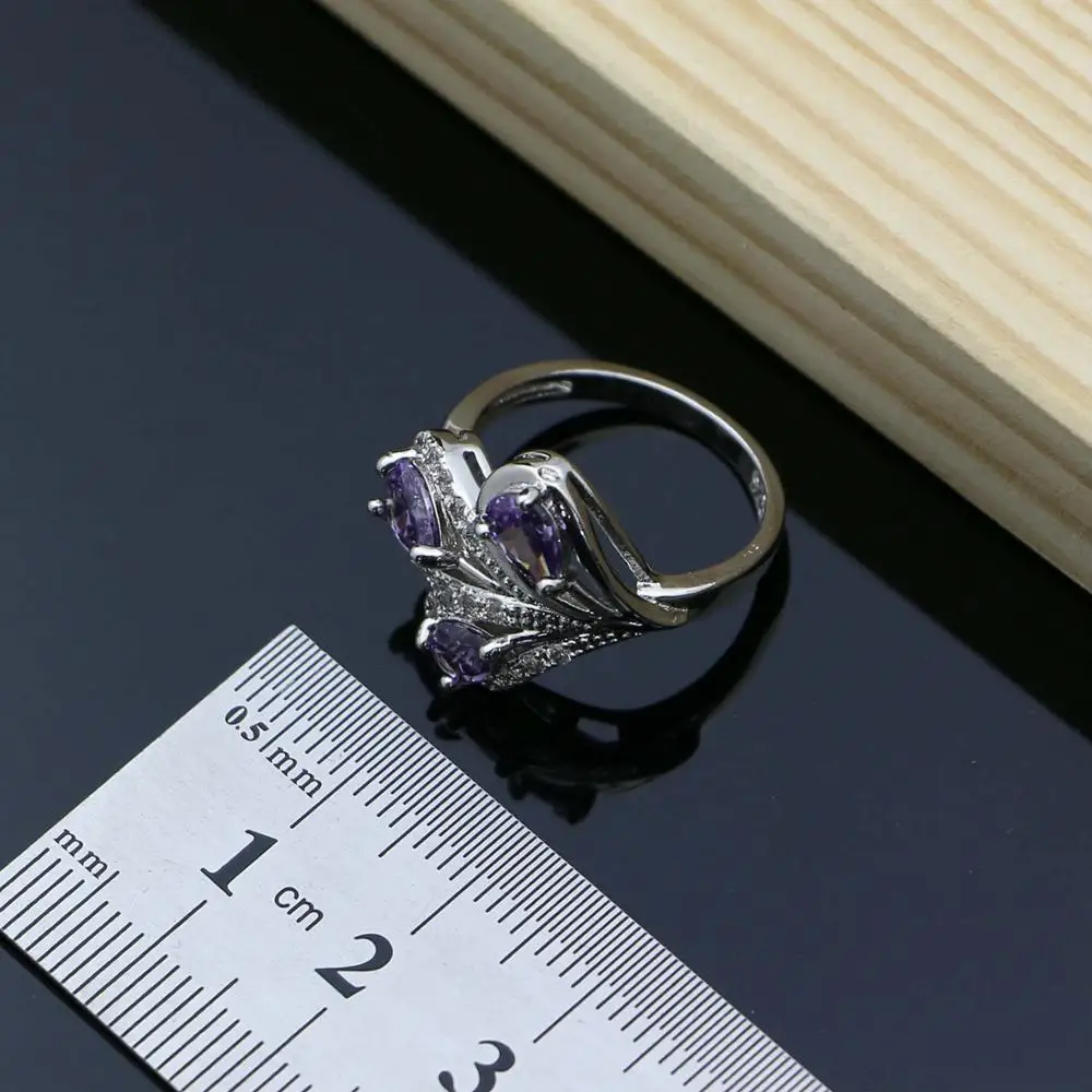 RING Натуральный 925 Серебряный свадебный ювелирный набор фиолетовый костюм CZ Ювелирные наборы для женщин серьги/кулон/кольца/браслет/ожерелье набор - Окраска металла: RING