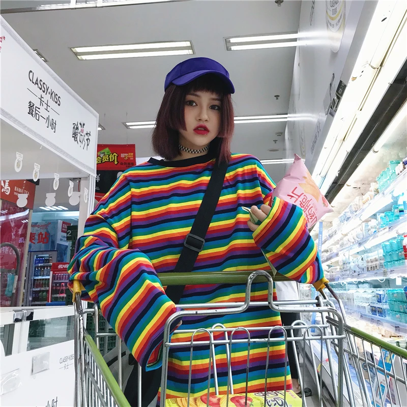 Осень Корея ulzzang Harajuku bf Топы радужные полосы модная повседневная футболка с длинными рукавами уличная свободная с круглым вырезом Женская футболка
