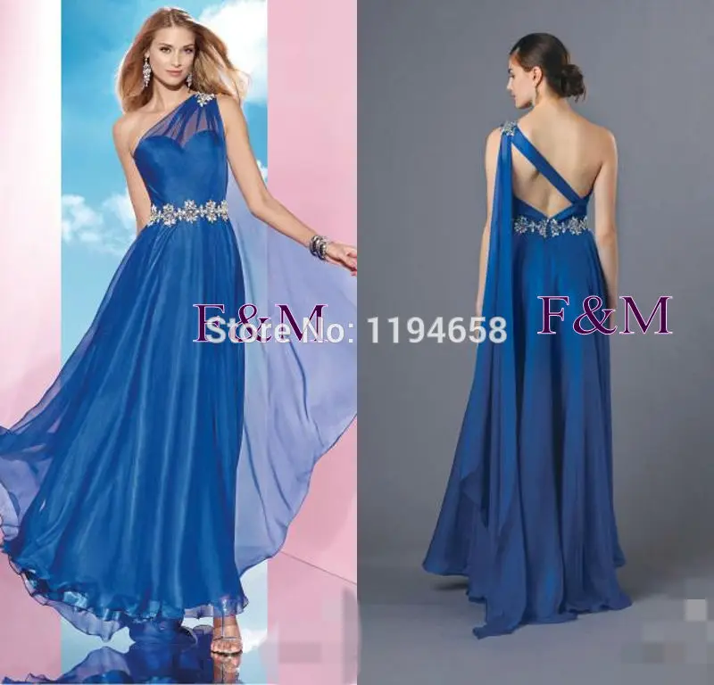 Charming 2016 Blue One Shoulder Beaded Prom Dresses Long Sexy Backless Chiffon Formal Evening Gowns | Свадьбы и торжества