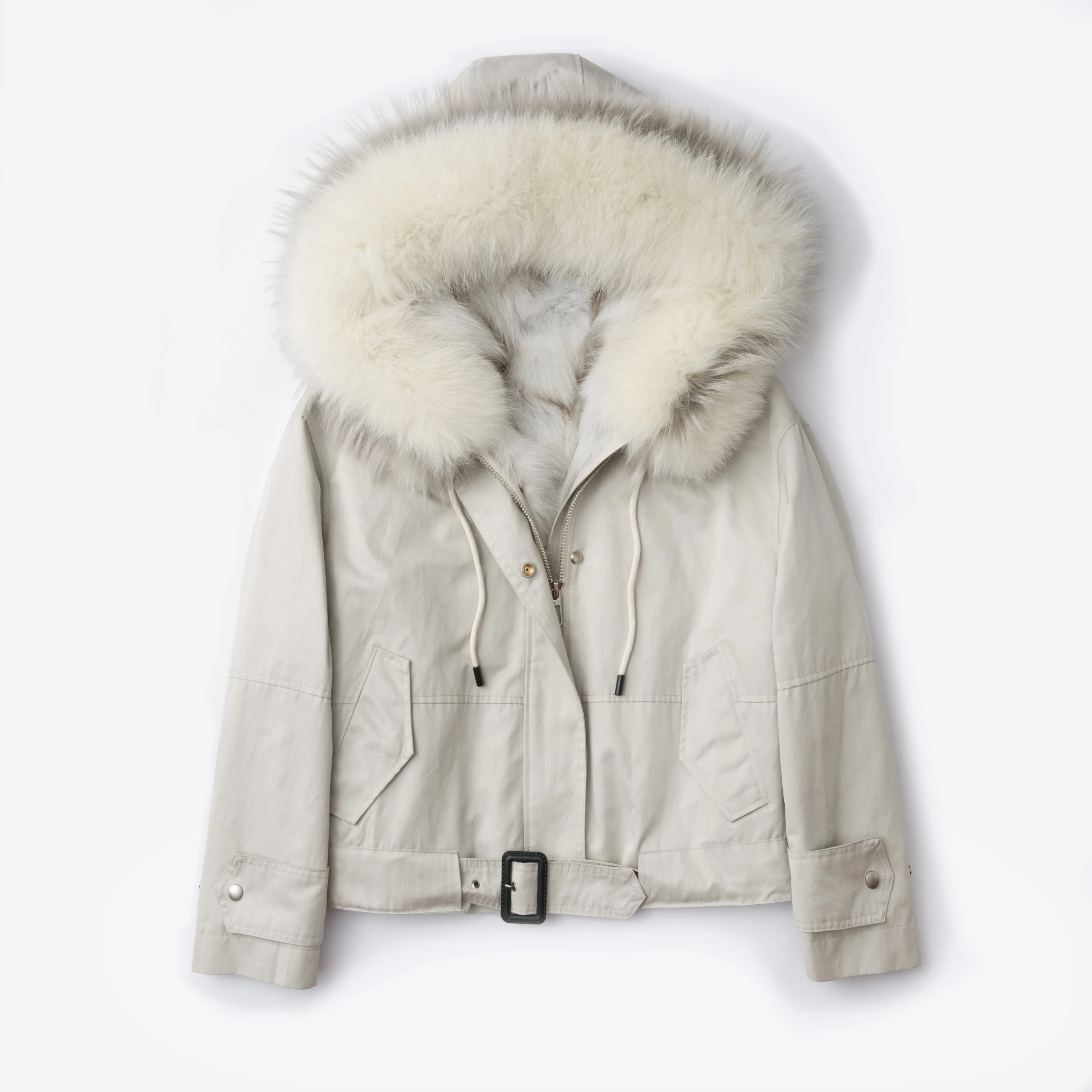 beige Пальто с капюшоном и воротником из натурального Лисьего меха, парка, зимняя женская куртка,, белая, черная, с натуральным лисьим мехом, Толстая теплая уличная одежда - Цвет: beige