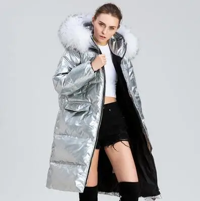 Silver Natural Raccoon Fur Parka Winter White Duck Down Jacket Women Large Fur Collar Long Outwear New Women's Silver Down Coats - Цвет: Silver