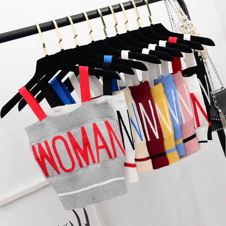 ALPHALMODA Для женщин Стиль Письмо Вязание Chic укороченные трикотажная кофточка блок Цвет короткие Трикотажный Слинг Топ Спортивная летние майки