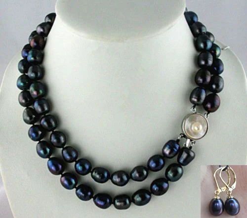 Реальные красивые 2 нити 11-13 мм Таитянский черный барокко Жемчуг ожерелье серьги