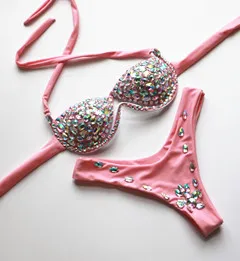 pink 1 BJHOW Алмазный купальный костюм для женщин, новинка, стразы, купальник на бретельках, с кристаллами, пуш-ап, бикини, набор, с высокой посадкой, бандаж, купальный костюм - Цвет: pink 1