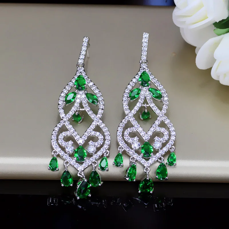 BlingZircons известный дизайнер для женщин ювелирные изделия благородный зеленый фианит длинные падение невесты Свадебная люстра серьги для невесты E049
