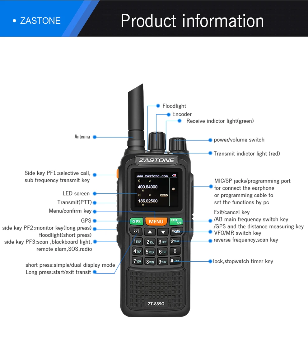Zastone 889G gps SOS портативная рация 10 Вт 3000 мАч VHF/UHF 400-520/134-174 МГц 999CH радиопередатчик